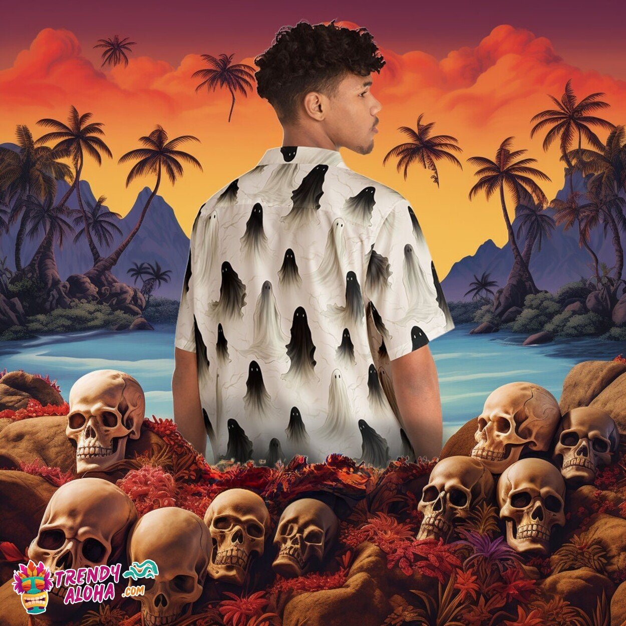 Surreal Spooky Ghosts Encased in Halloween Eerie Aloha Shirt
