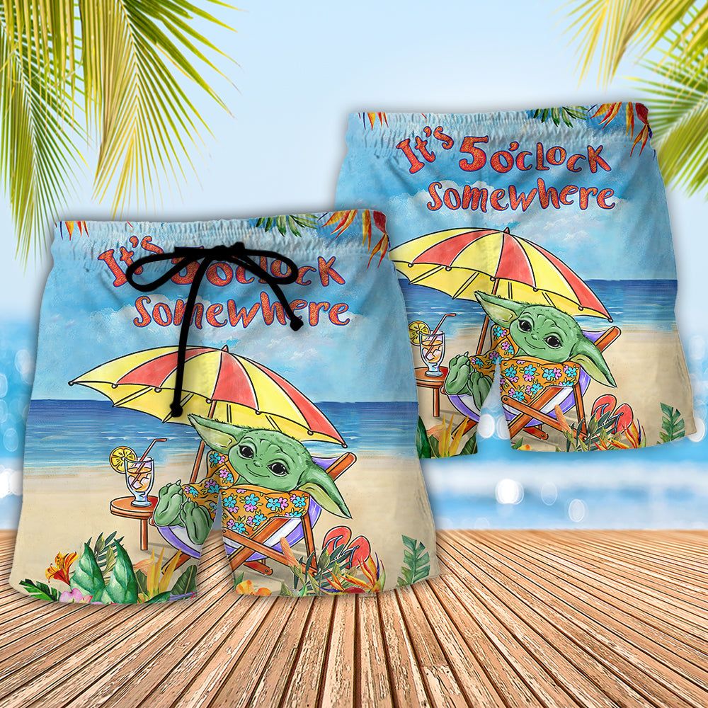 Sw Baby Yoda In The Beach It’S 5 O’Clock Somewhere Print Trendy Aloha Hawaiian Beach Shorts