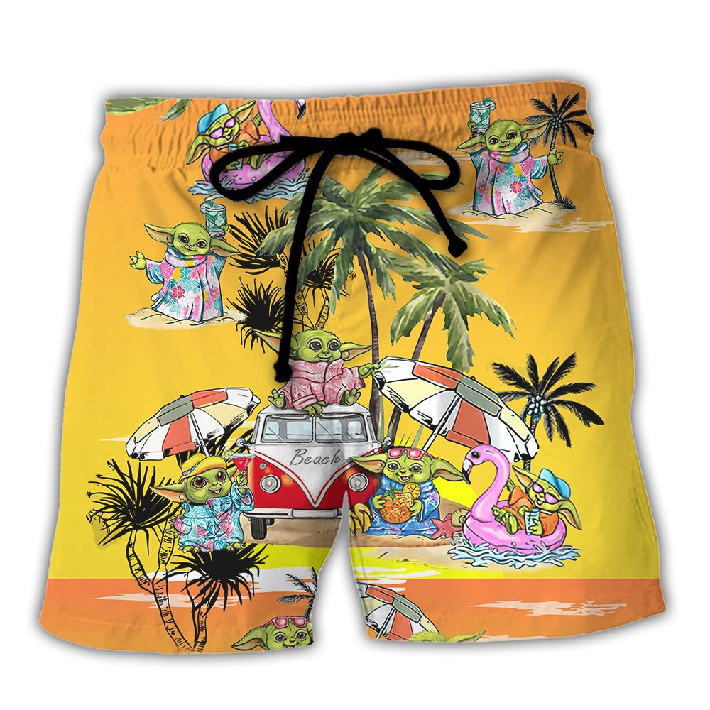 Sw Disney Baby Yoda Orange Trendy Aloha Hawaiian Beach Shorts - Trendy
