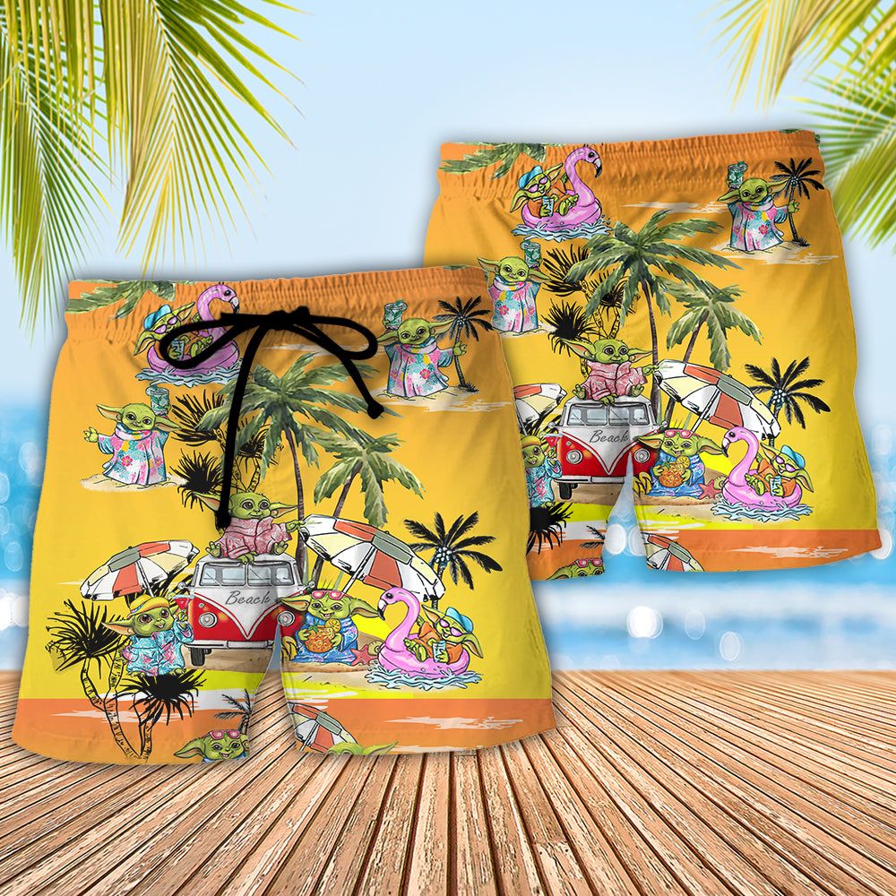 Sw Disney Baby Yoda Orange Trendy Aloha Hawaiian Beach Shorts