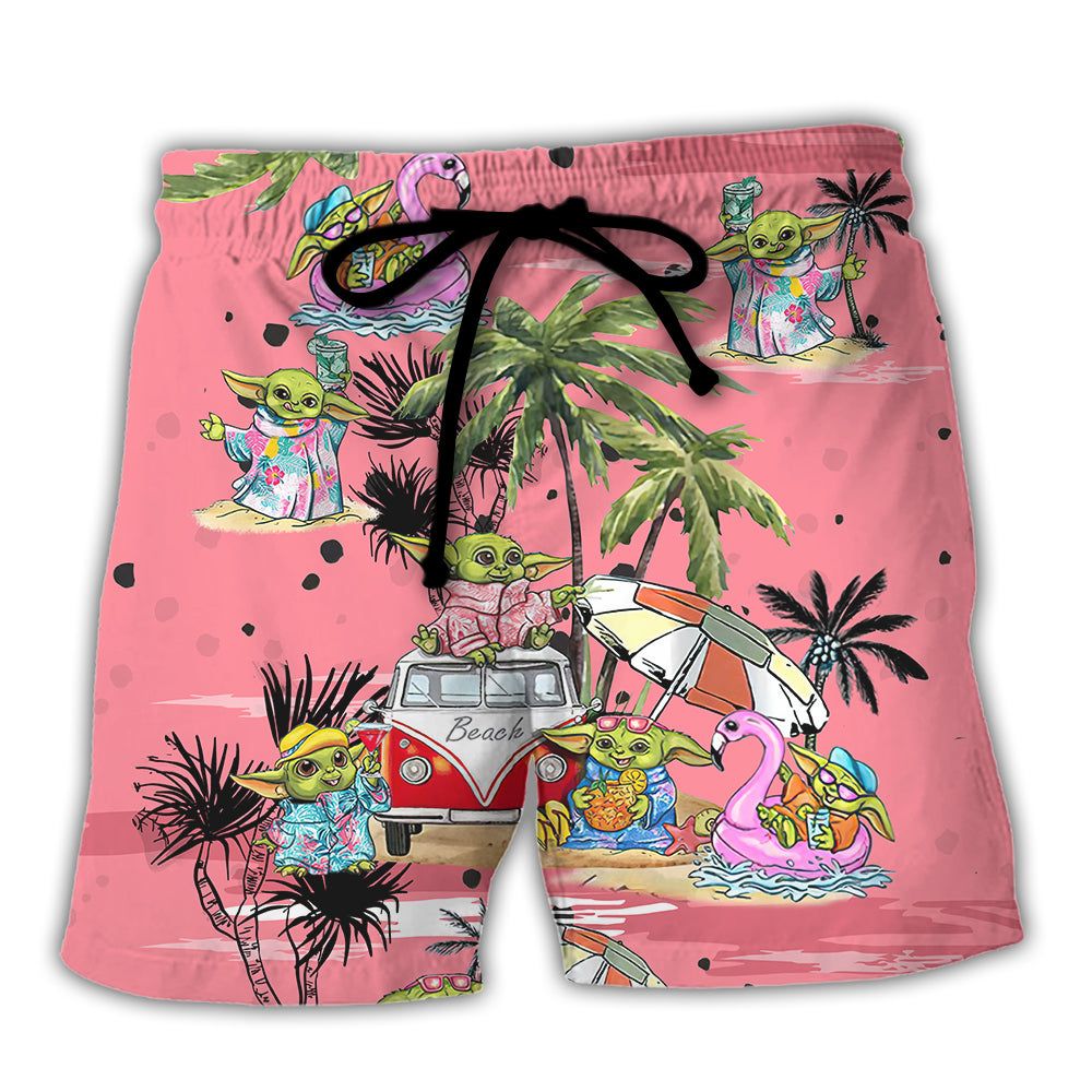 Sw Disney Baby Yoda Pink Trendy Aloha Hawaiian Beach Shorts Sw Disney Baby Yoda Pink Trendy Aloha Hawaiian Beach Shorts