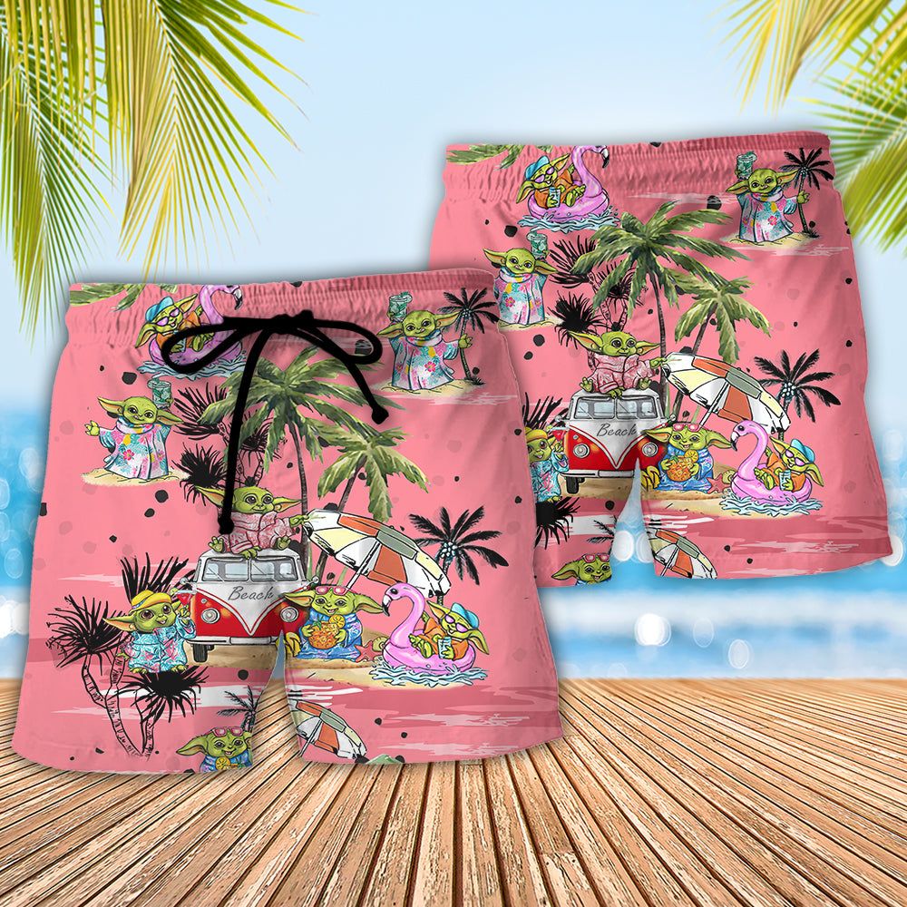Sw Disney Baby Yoda Pink Trendy Aloha Hawaiian Beach Shorts
