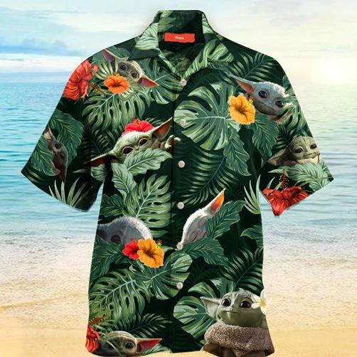 Sw Trendy Hawaiian Shirt Baby Yoda Grogu Hibiscus Flower Tropical 3D Green Hawaii Aloha Shirt 2022