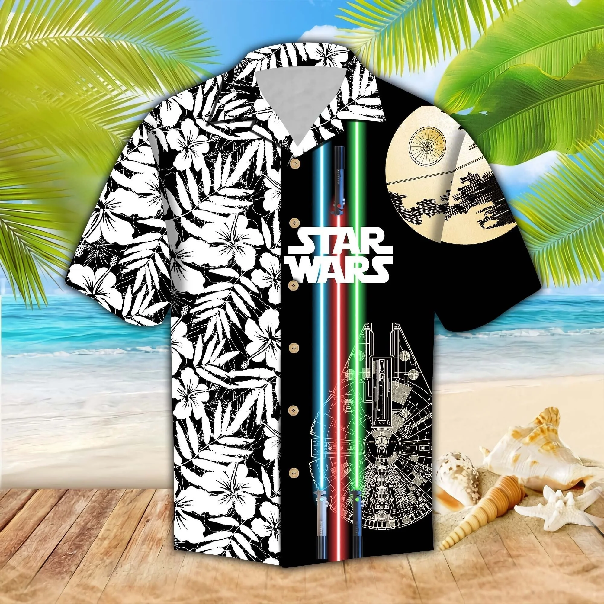 Sw Trendy Hawaiian Shirt Millennium Falcon Death Star Light Saber Tropical Black Hawaii Aloha Shirt 2022