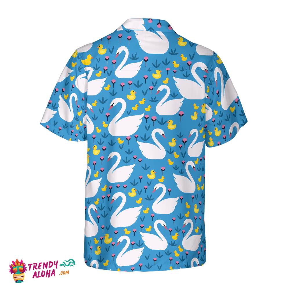 Swans And Ducks Swimming Hawaiian Shirt, Sky Blue Animals And Floral Hawaiian Shirt