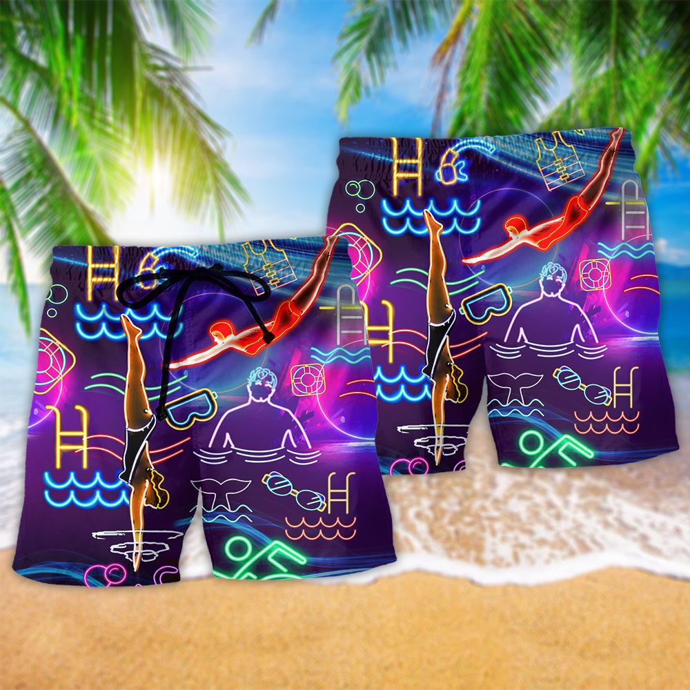 Swimming With Your Heart Swimming Neon Trendy Aloha Hawaiian Beach Shorts