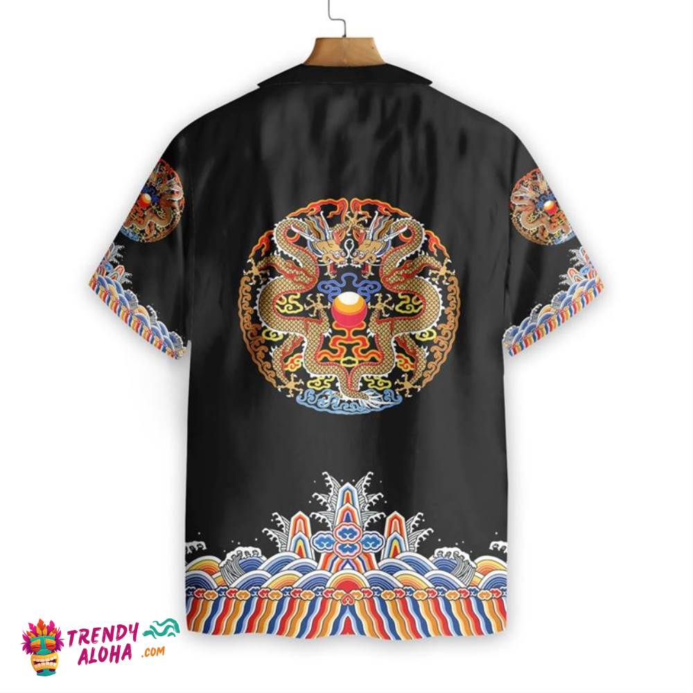 Symmetrical Chinoiserie Dragon Black Hawaiian Shirt