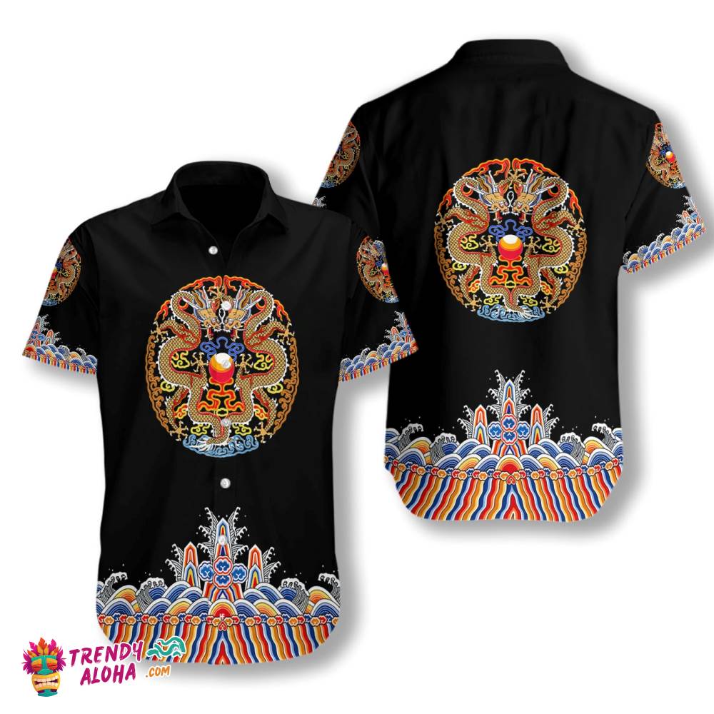 Symmetrical Chinoiserie Dragon Black Hawaiian Shirt