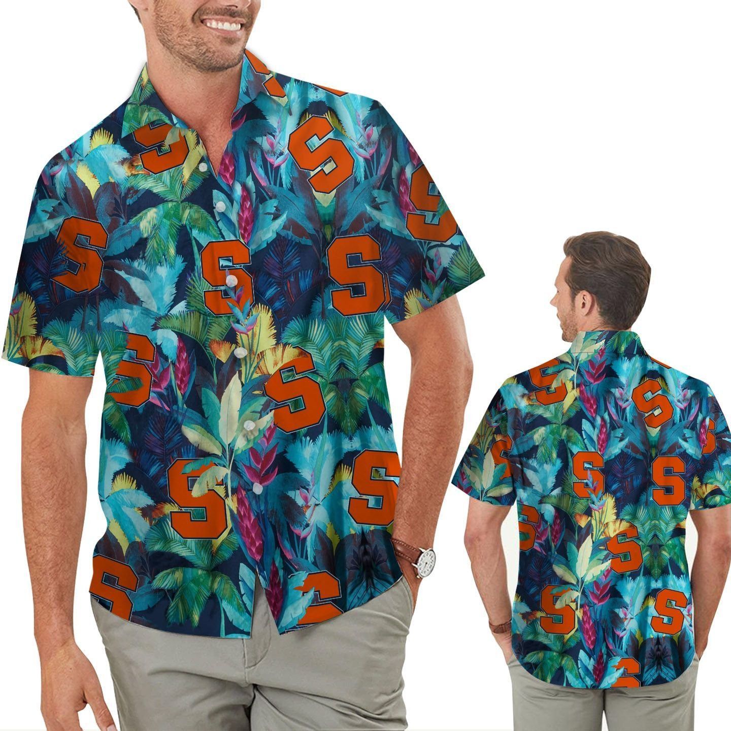 Syracuse Orange Floral Tropical Men Women Short Sleeve Button Up Tropical Hawaiian Shirt