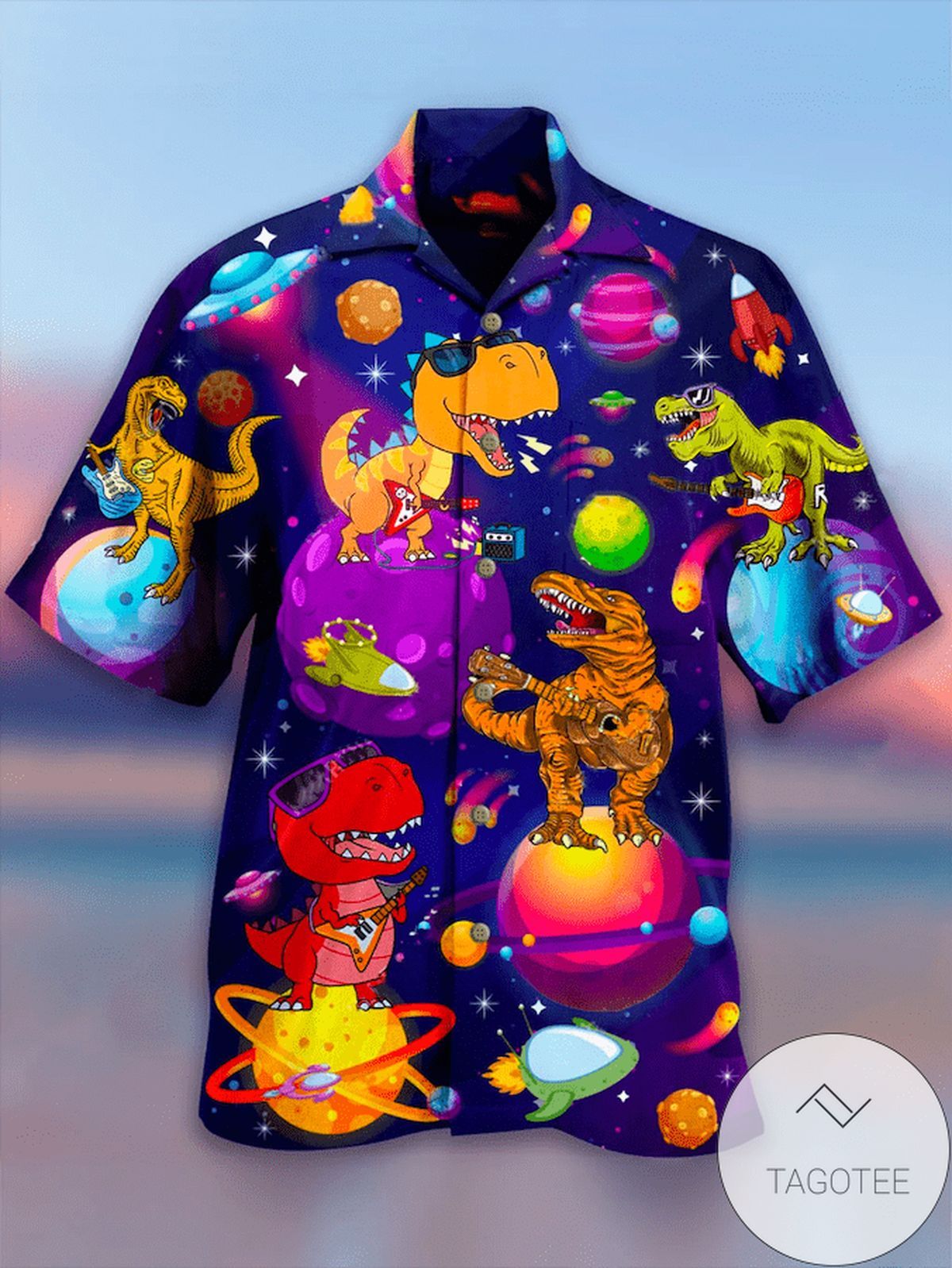 T-rex Dinosaur Floats in Space on Cute Hawaiian Shirt