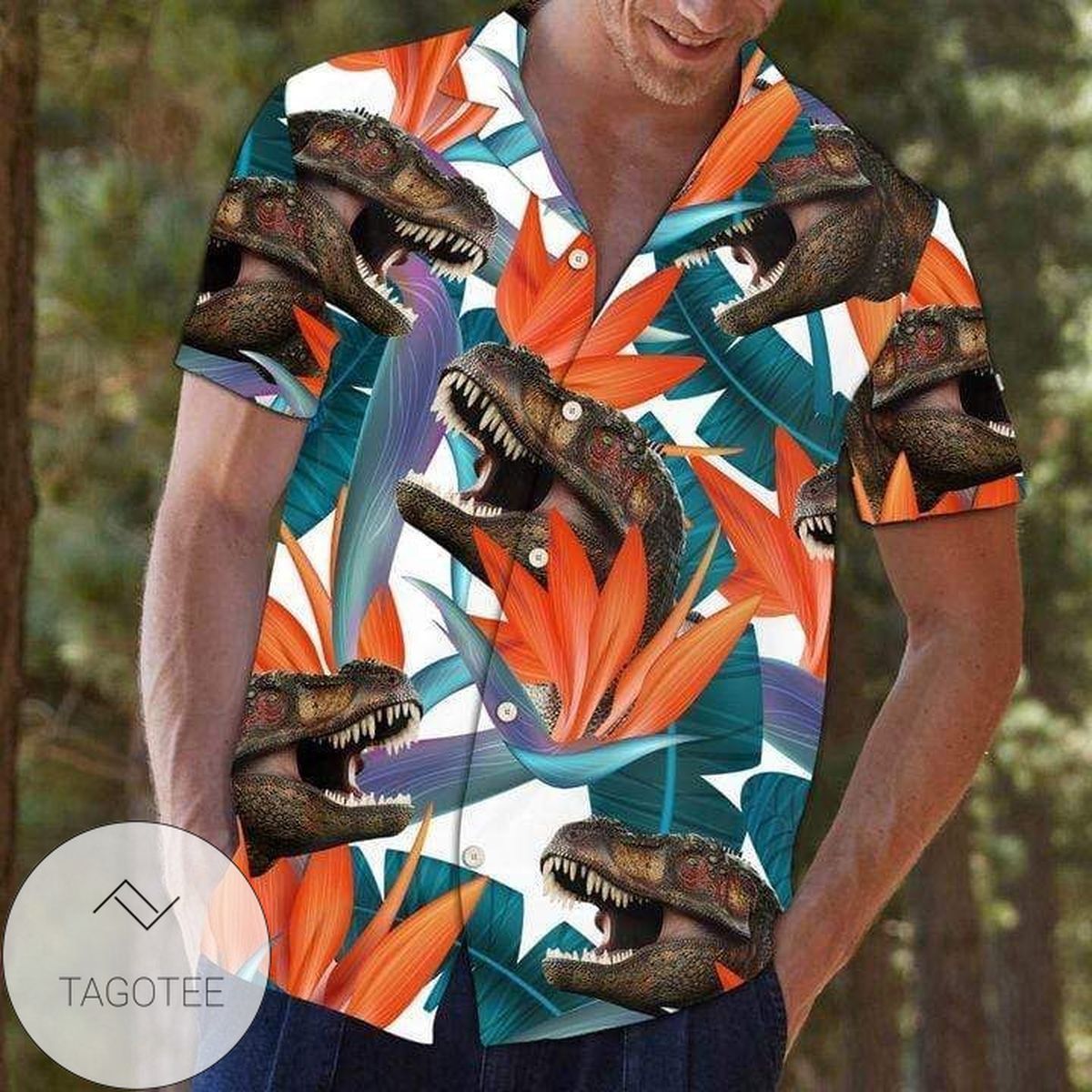 T rex Palm Trees Creating A Tropical Scene Hawaiian Shirt