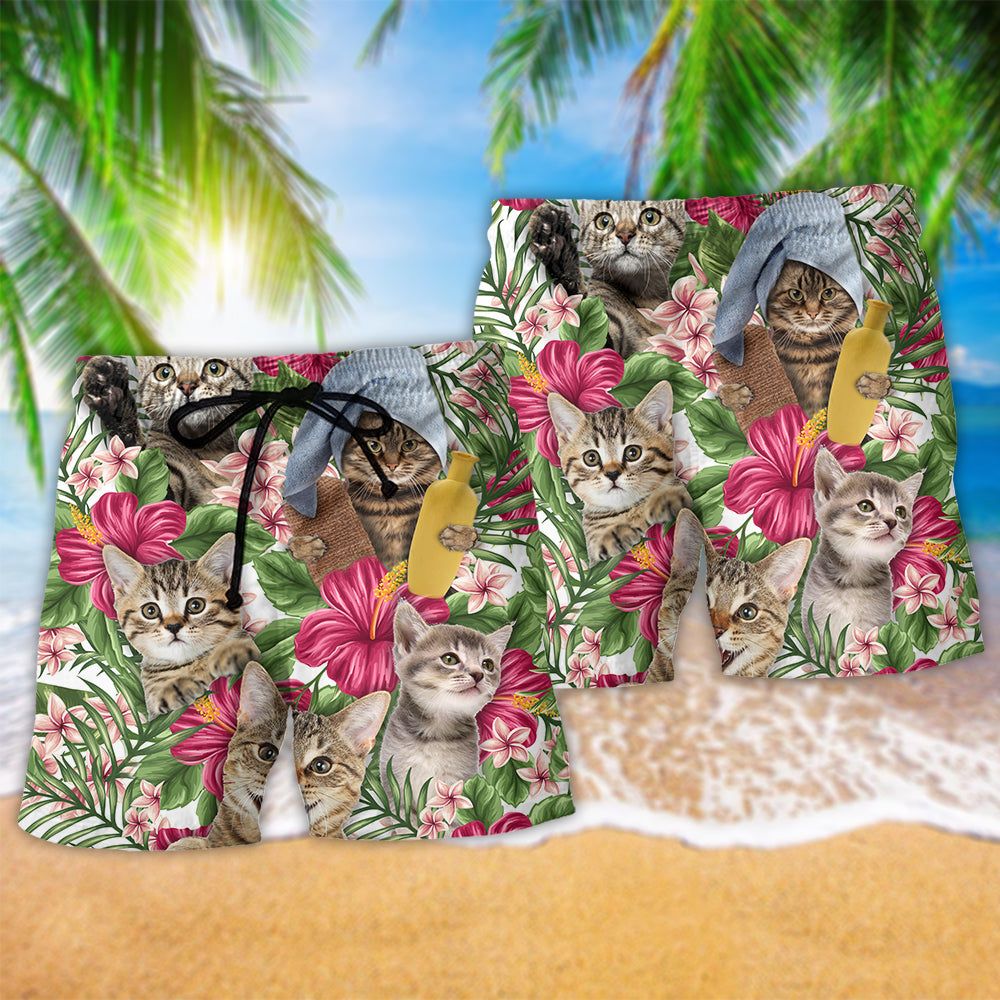 Tabby Cat Tropical Floral Trendy Aloha Hawaiian Beach Shorts