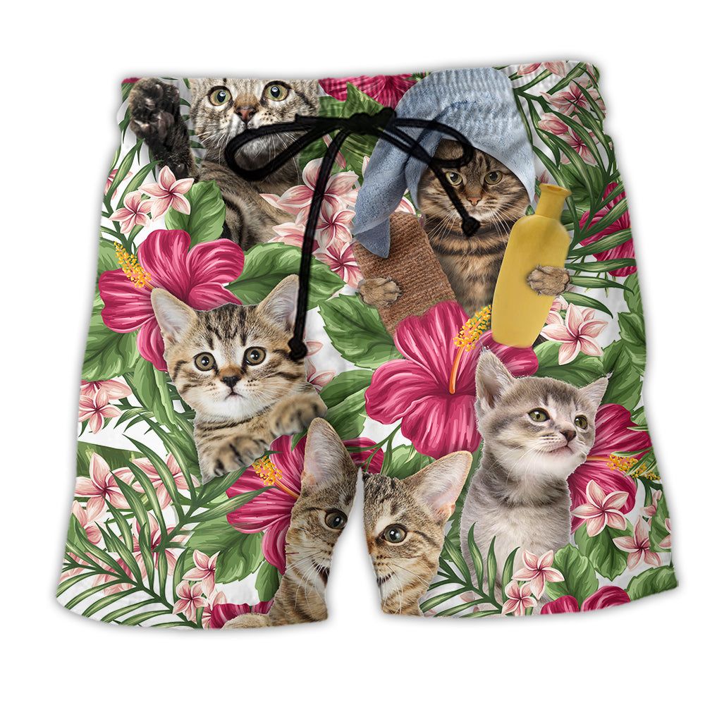 Tabby Cat Tropical Floral Trendy Aloha Hawaiian Beach Shorts Tabby Cat Tropical Floral Trendy Aloha Hawaiian Beach Shorts