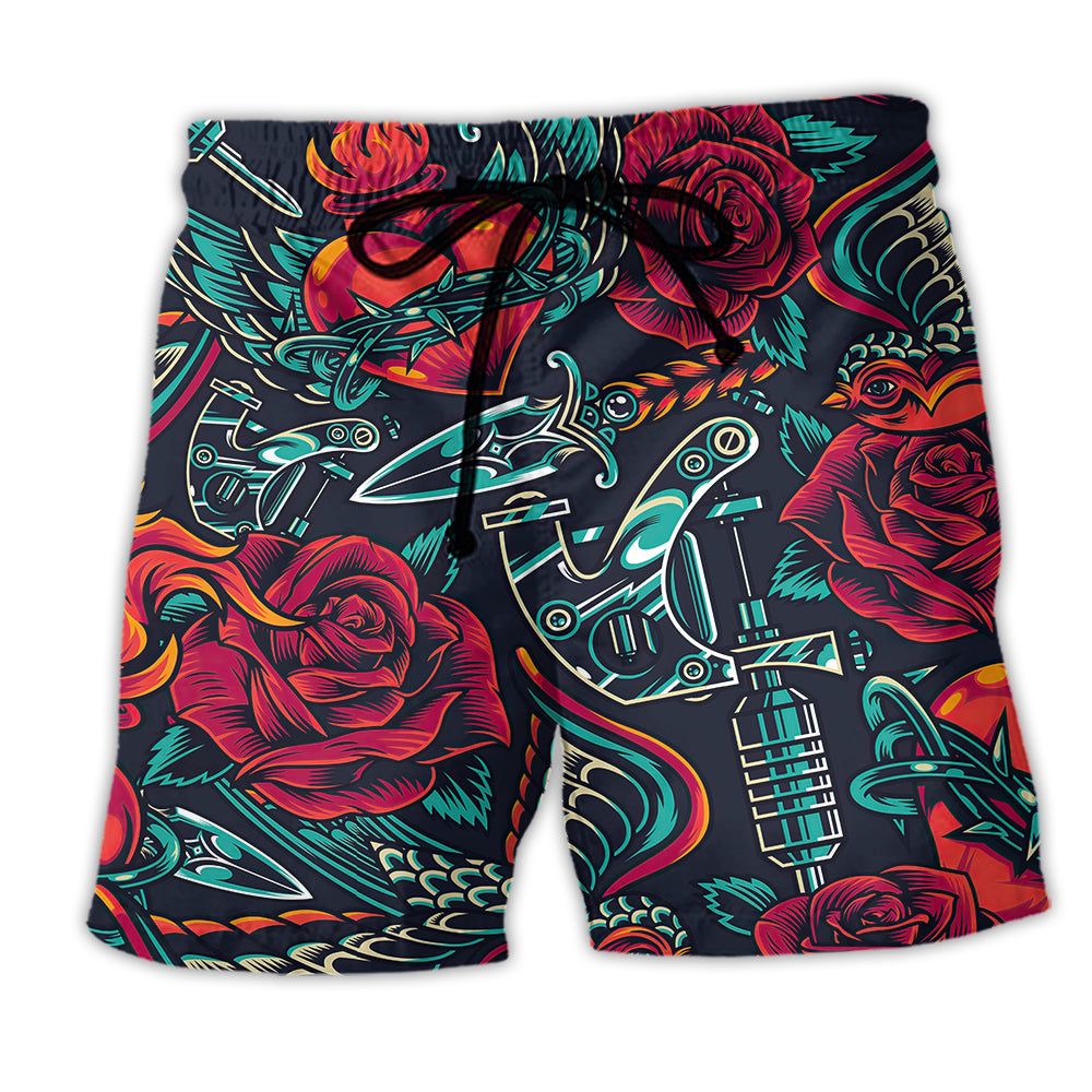 Tattoo Red Rose Heart Trendy Aloha Hawaiian Beach Shorts Tattoo Red Rose Heart Trendy Aloha Hawaiian Beach Shorts