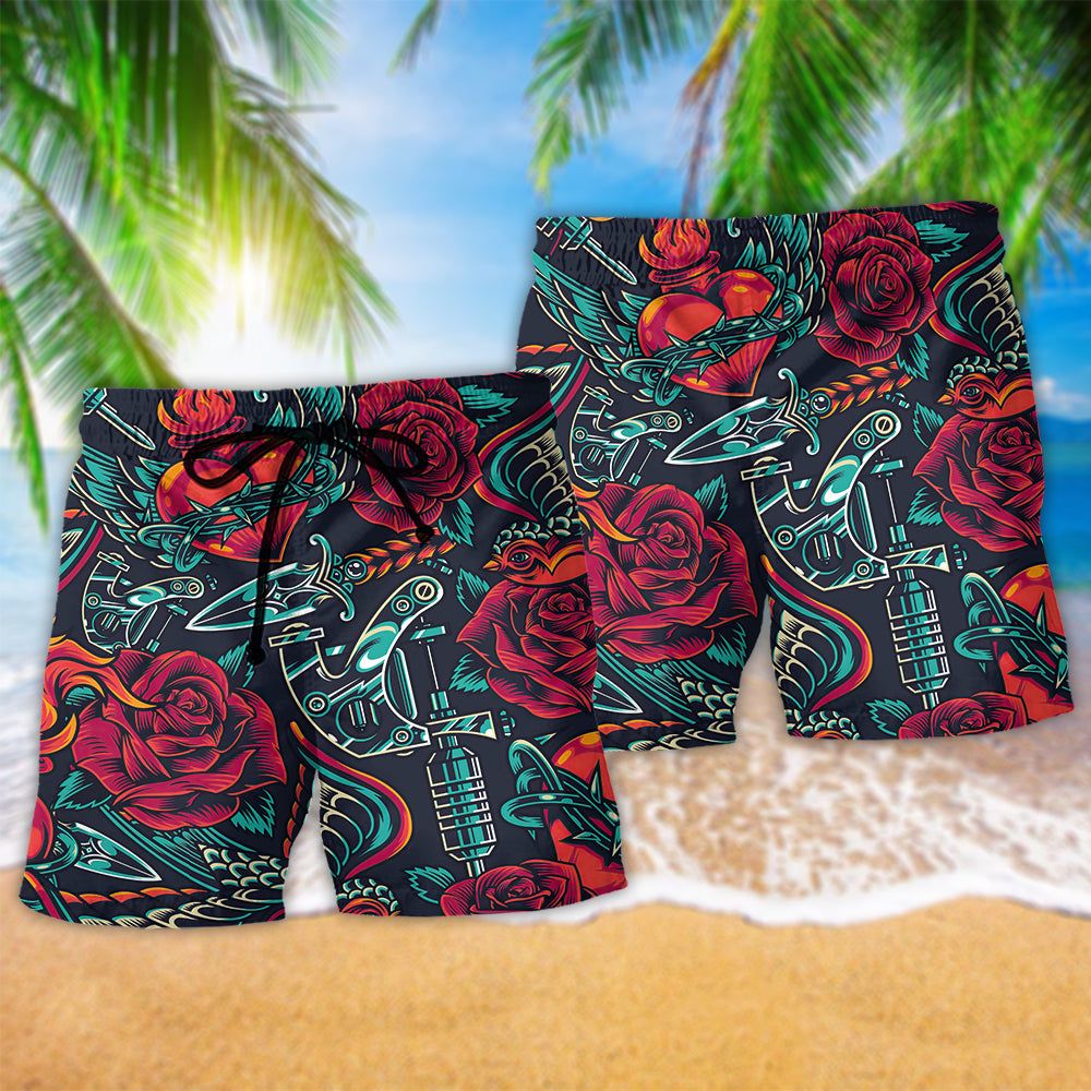 Tattoo Red Rose Heart Trendy Aloha Hawaiian Beach Shorts