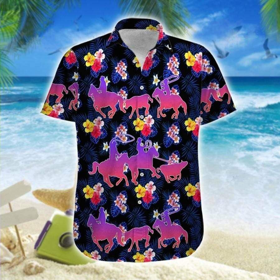 Team Roping Hibiscus Colorful Trendy Hawaiian Shirt
