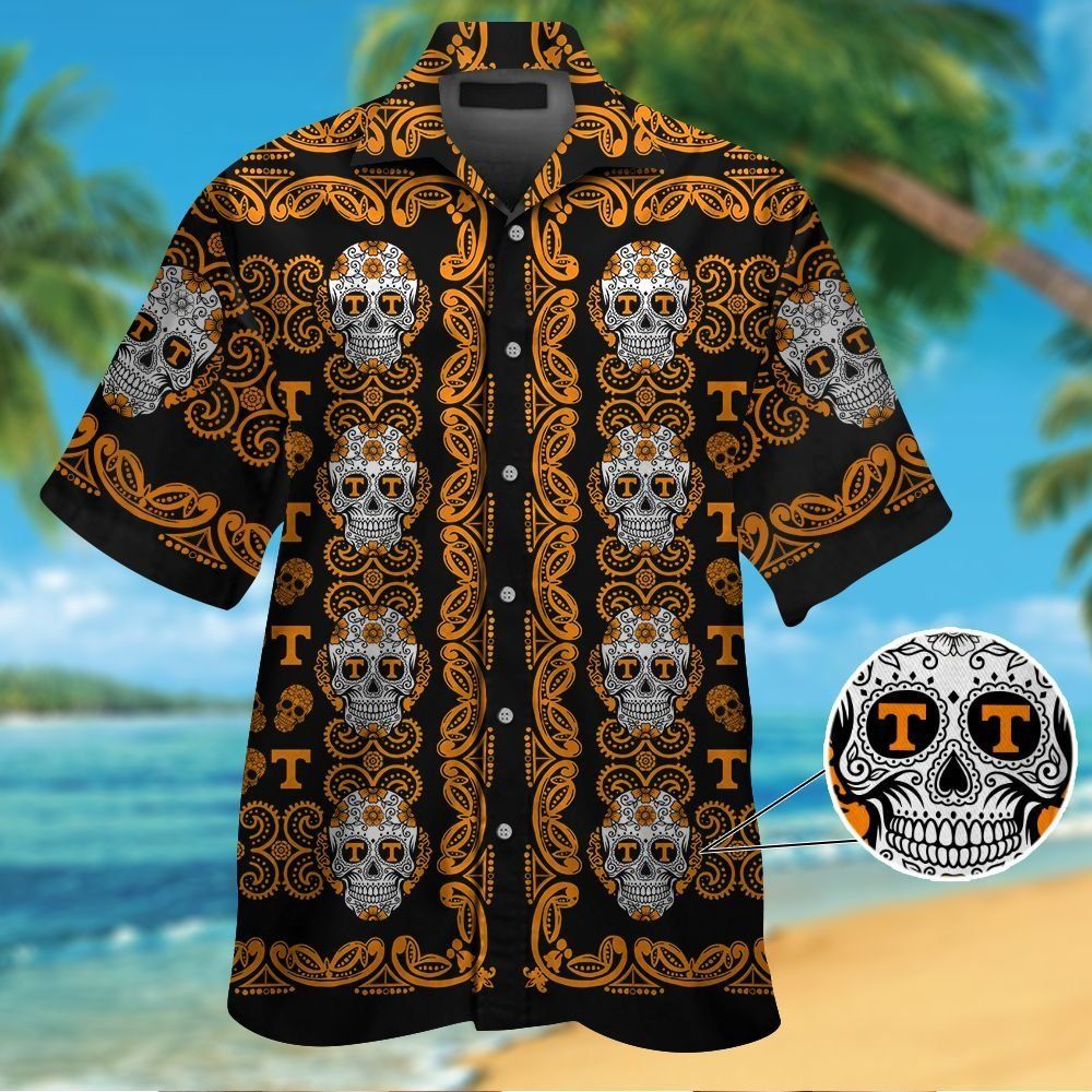 Tennessee Volunteersskull Short Sleeve Button Up Tropical Hawaiian Shirt