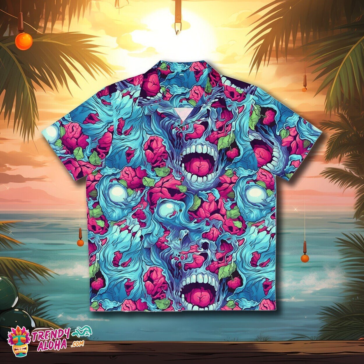Terrifying Zombie Brains and Monster Print Horror Hawaiian Shirt
