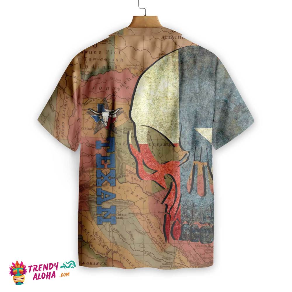 Texan And Skull Map And Flag Pattern Texas Hawaiian Shirt, Texas Longhorns Shirt, Proud Texas Flag Shirt For Men