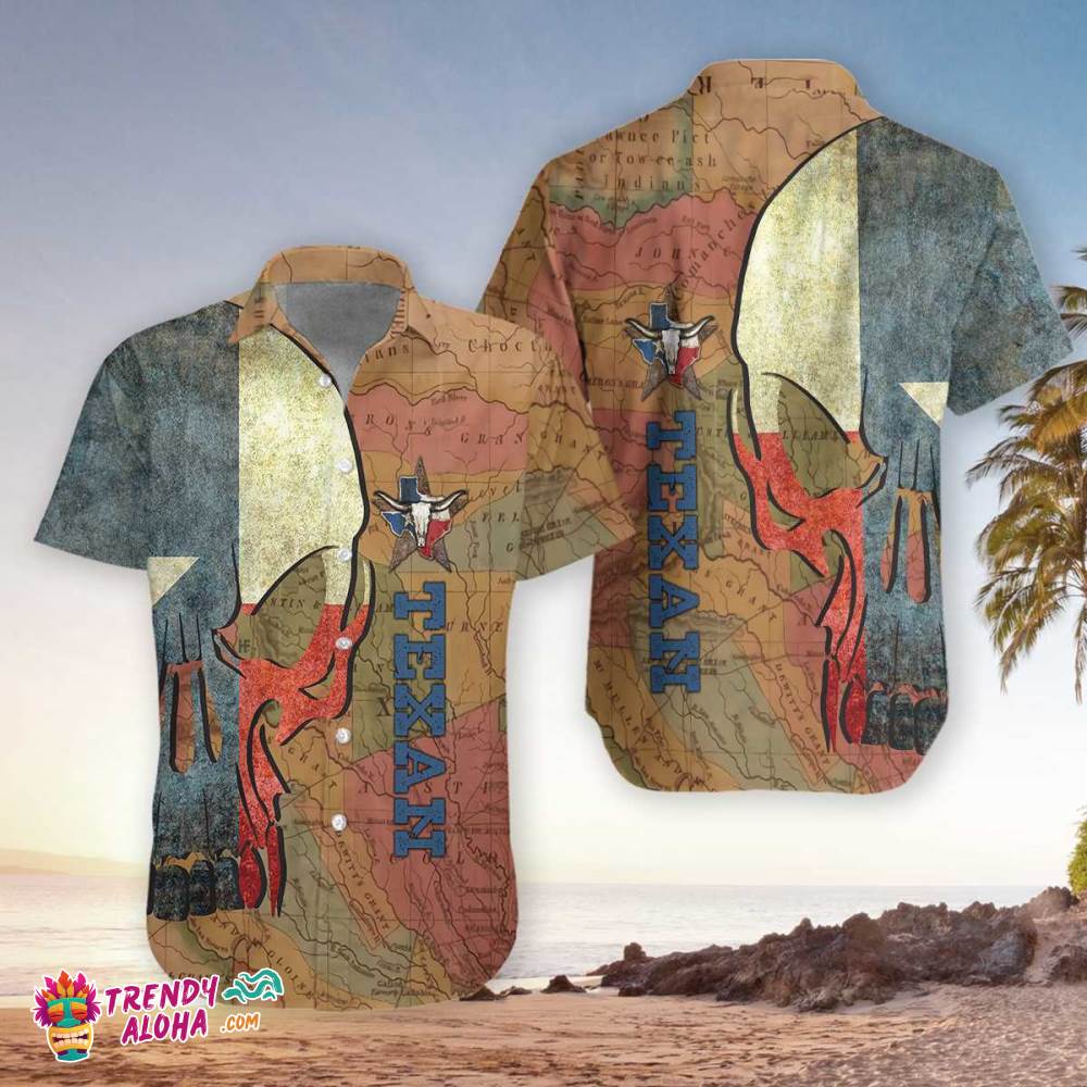 Texan And Skull Map And Flag Pattern Texas Hawaiian Shirt, Texas Longhorns Shirt, Proud Texas Flag Shirt For Men Texan And Skull Map And Flag Pattern Texas Hawaiian Shirt, Texas Longhorns Shirt, Proud Texas Flag Shirt For Men