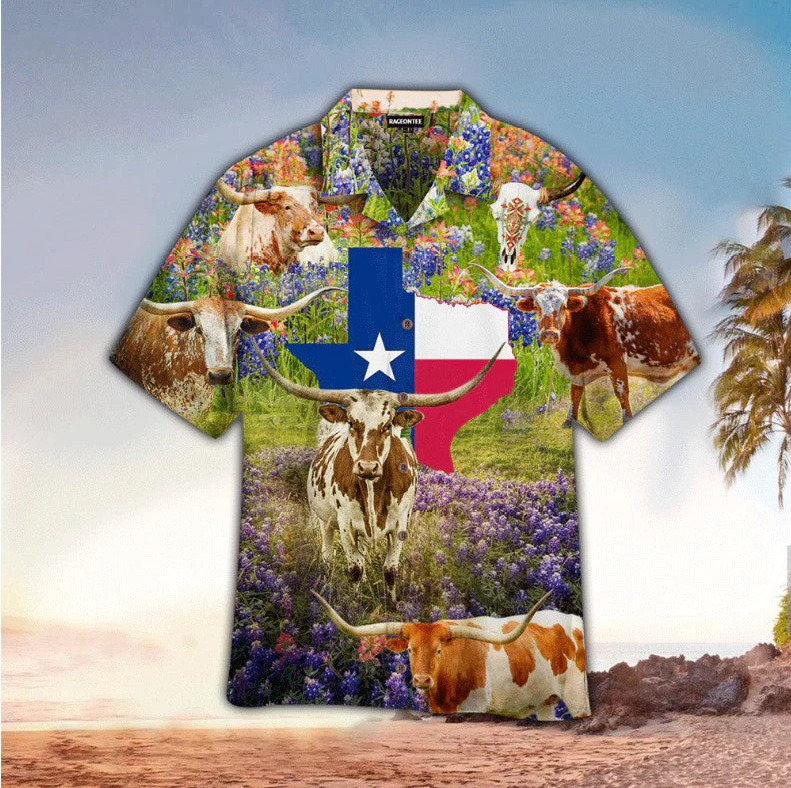Texas Cow In Bluebonnet Field Trendy Hawaiian Shirt, Hawaii Shirt Men, Aloha Shirt Texas Cow In Bluebonnet Field Trendy Hawaiian Shirt, Hawaii Shirt Men, Aloha Shirt