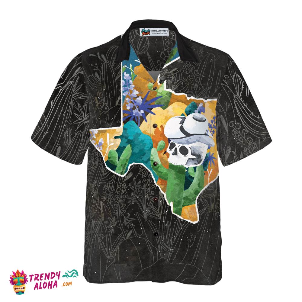 Texas Doodles Lone Star Flag Hawaiian Shirt For Men, Skull Cowboys Black Shirt For Texans