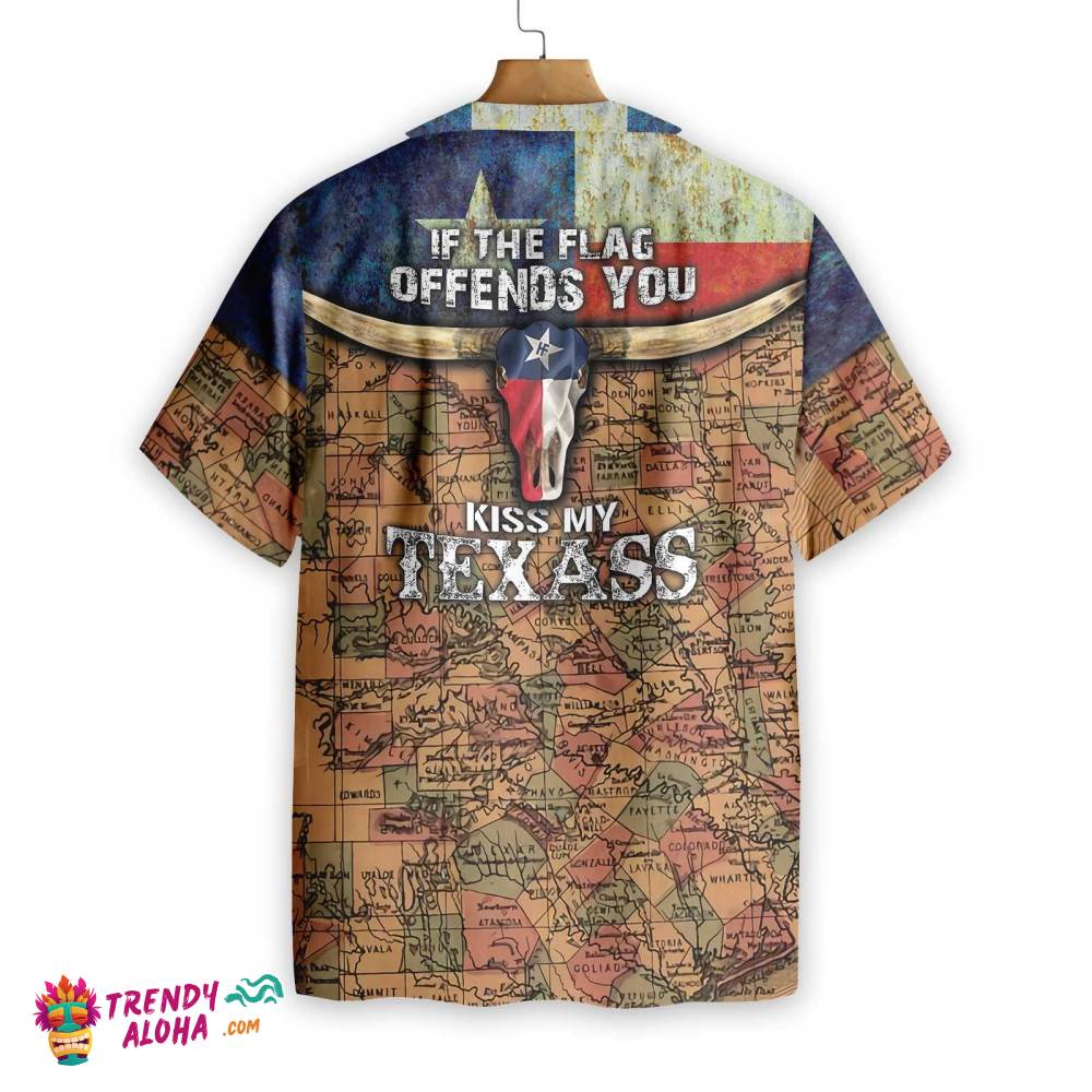 Texas Flag And Map Pattern Hawaiian Shirt, If The Flag Offends You Kiss My Texass Shirt, Texas Longhorns Shirt For Men