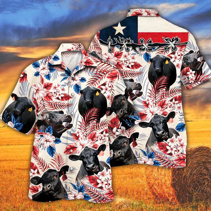 Texas Flag Theme Black Angus Cattle Lovers Hawaiian Shirt