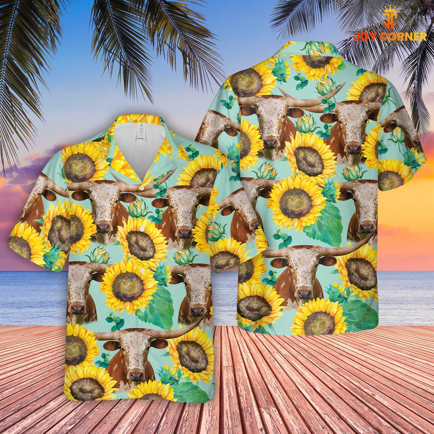 Texas Longhorn Amidst Sunflowers Farm Hawaiian Shirt Unique Print
