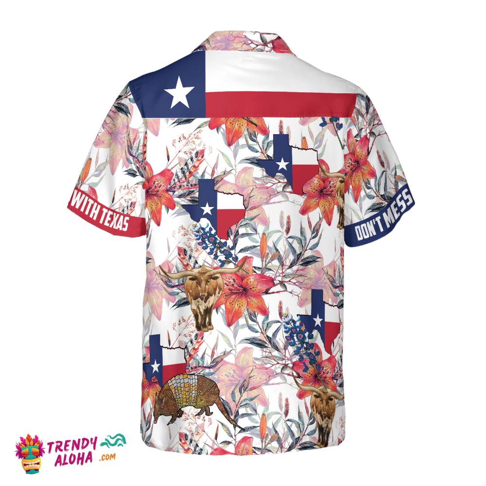 Texas Longhorn Bluebonnet And Armadillo Hawaiian Shirt, Button Down Floral Texas Flag Shirt, Proud Texas Shirt For Men