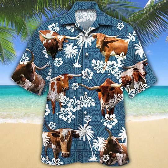 Texas Longhorn Cattle Blue Tribal Trendy Hawaiian Shirt, Cow Trendy Hawaiian Shirt For Summer Gifts