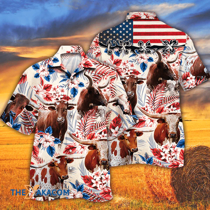 Texas Longhorn Cattle Hawaiian Shirt with American Flag Dreams