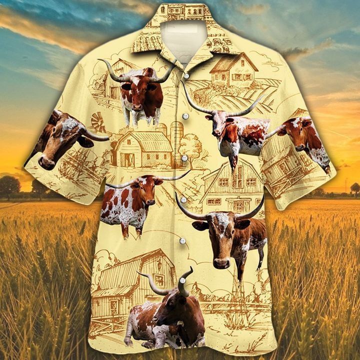 Texas Longhorn Cattle Lovers’ Farm Fiesta Hawaiian Shirt