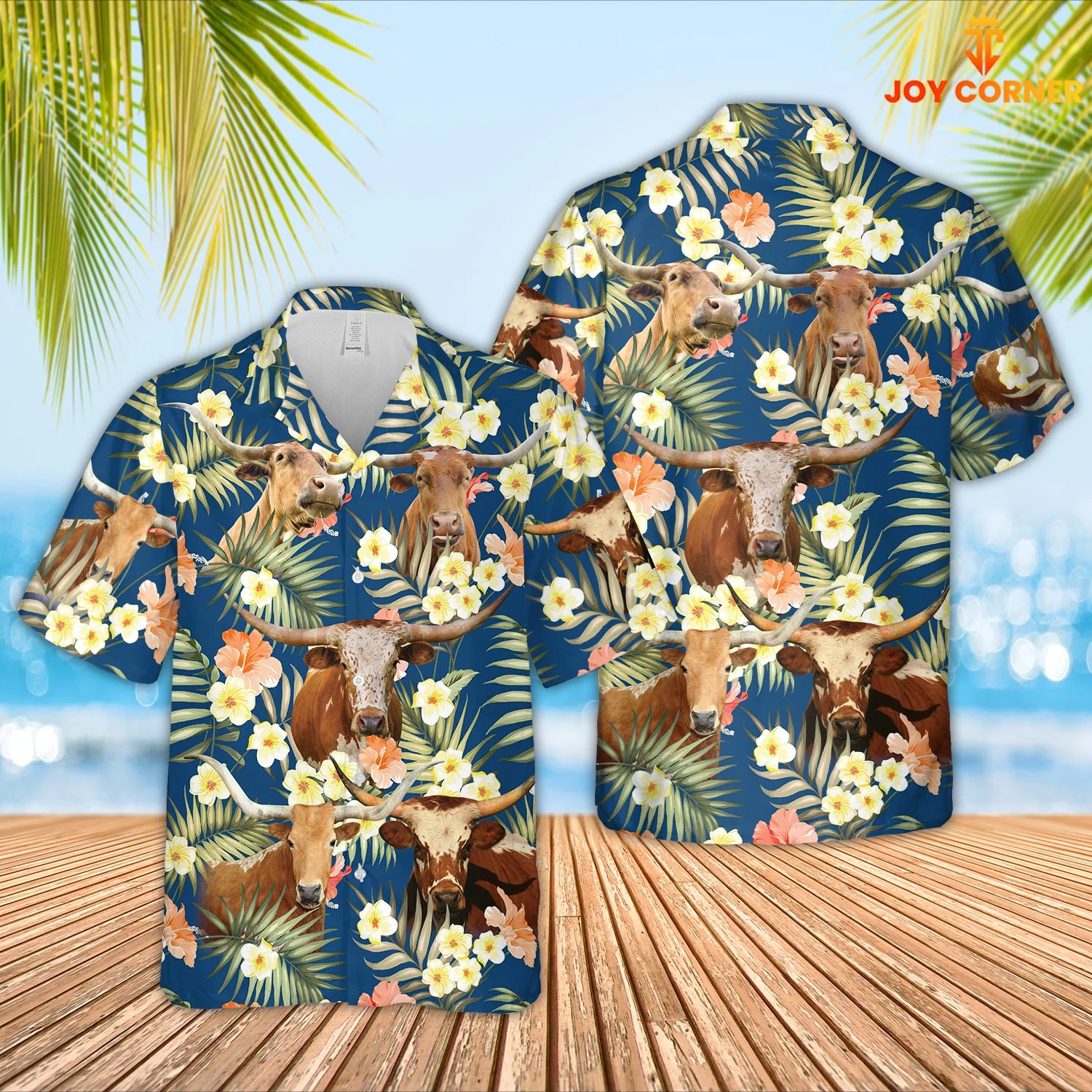 Texas Longhorn Cattle Summertime Blue Floral Hawaiian Shirt 3D
