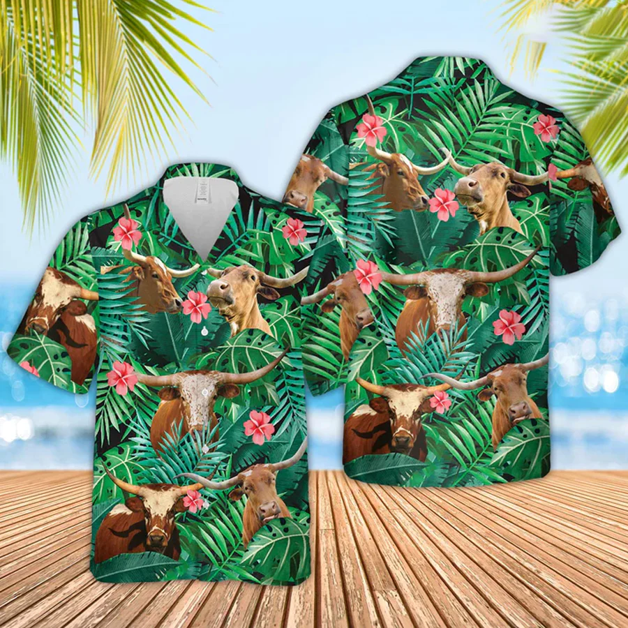 Texas Longhorn Cow Trendy Hawaiian Shirt, Farmer Trendy Hawaiian Shirts, Summer Tropical Shirts, Gift For Him, Funny Trendy Hawaiian Shirts