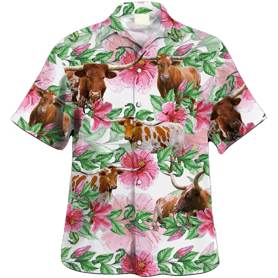 Texas Longhorn Cow Trendy Hawaiian Shirt, Farmer Trendy Hawaiian Shirts, Tropical Shirts, Gift For Him, Funny Trendy Hawaiian Shirts