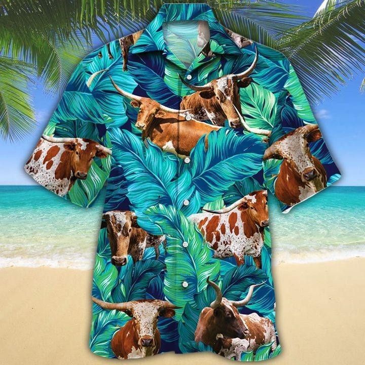 Texas Longhorn Hawaii Shirt Cattle Green, Cow Trendy Hawaiian Shirt For Summer Gifts