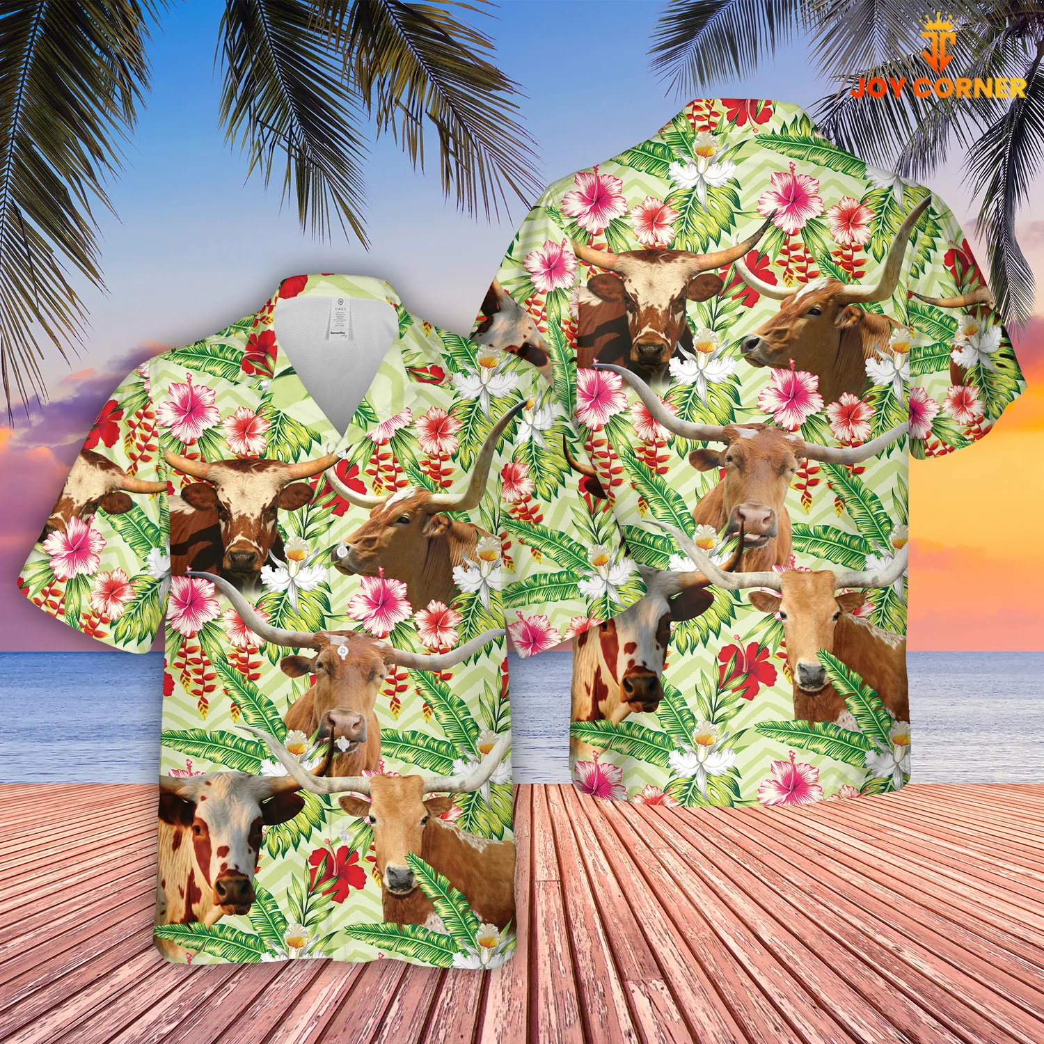 Texas Longhorn Hawaiian Shirt Featuring Hibicus Floral Designs Displayed In 3D