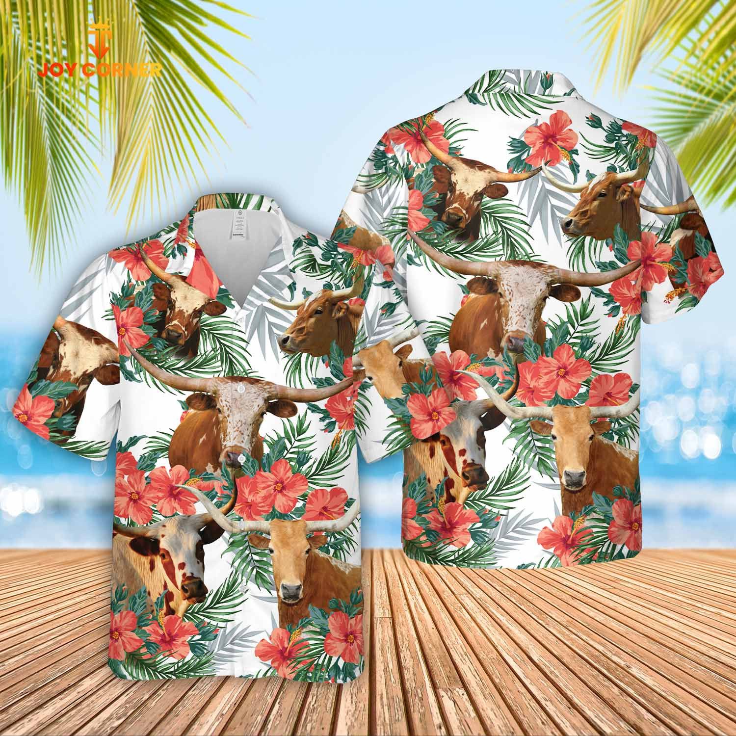 Texas Longhorn Hawaiian Shirt With Tropical Flower Embellishments