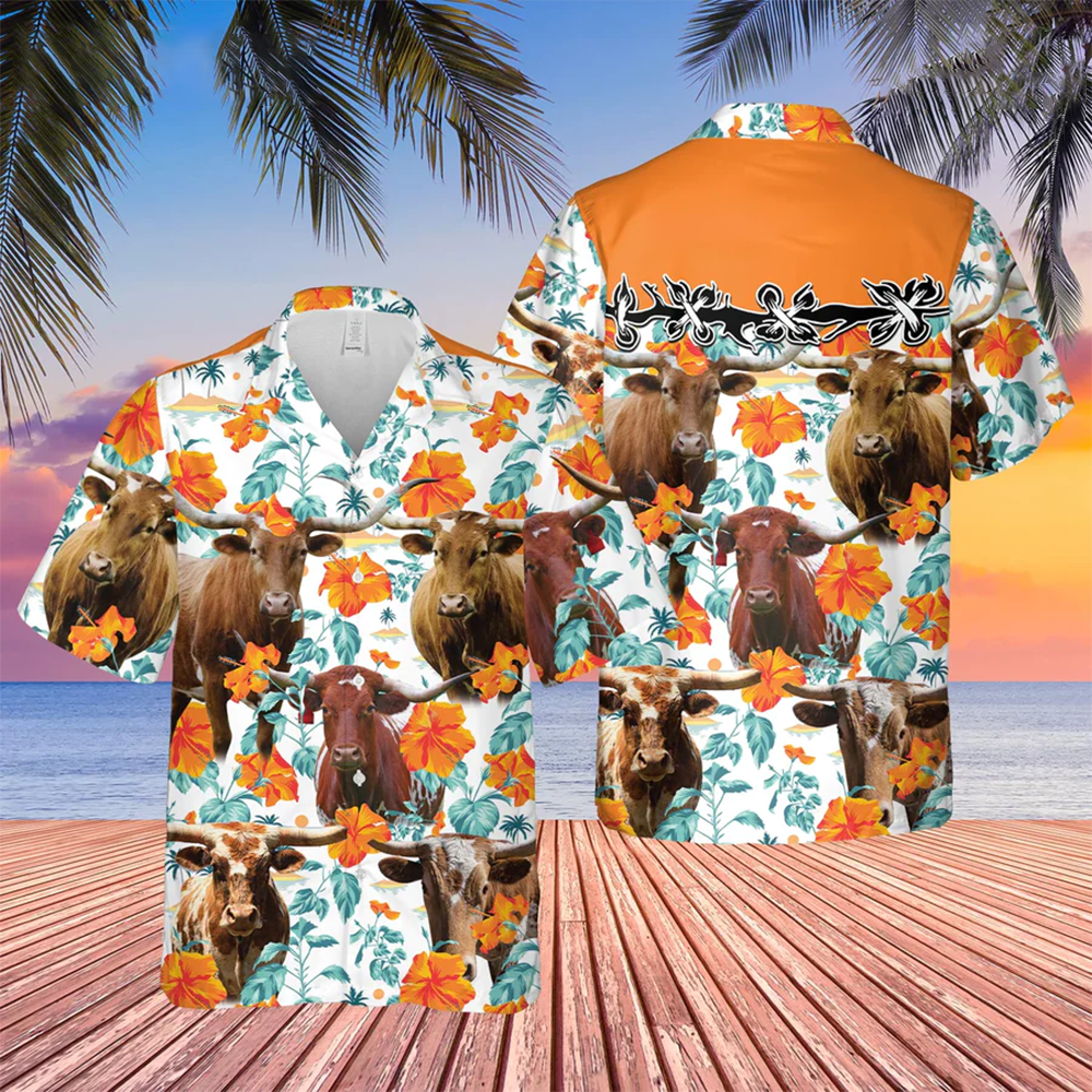 Texas Longhorn Hibiscus Floral 3D Trendy Hawaiian Shirt