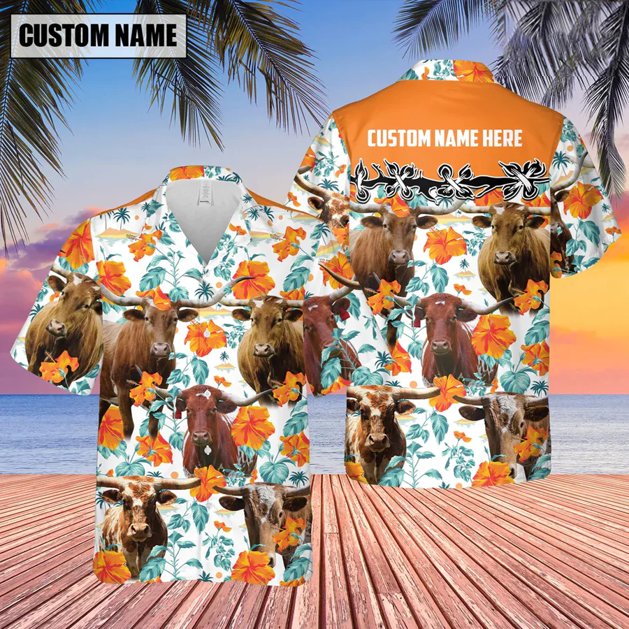 Texas Longhorn Hibiscus Floral Custom Name 3D Trendy Hawaiian Shirt, Summer Gifts For Men And Women