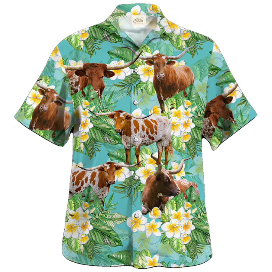 Texas Longhorn Tropical Trendy Hawaiian Shirt, Animal Trendy Hawaiian Shirts, Farmer Shirt For Men And Women