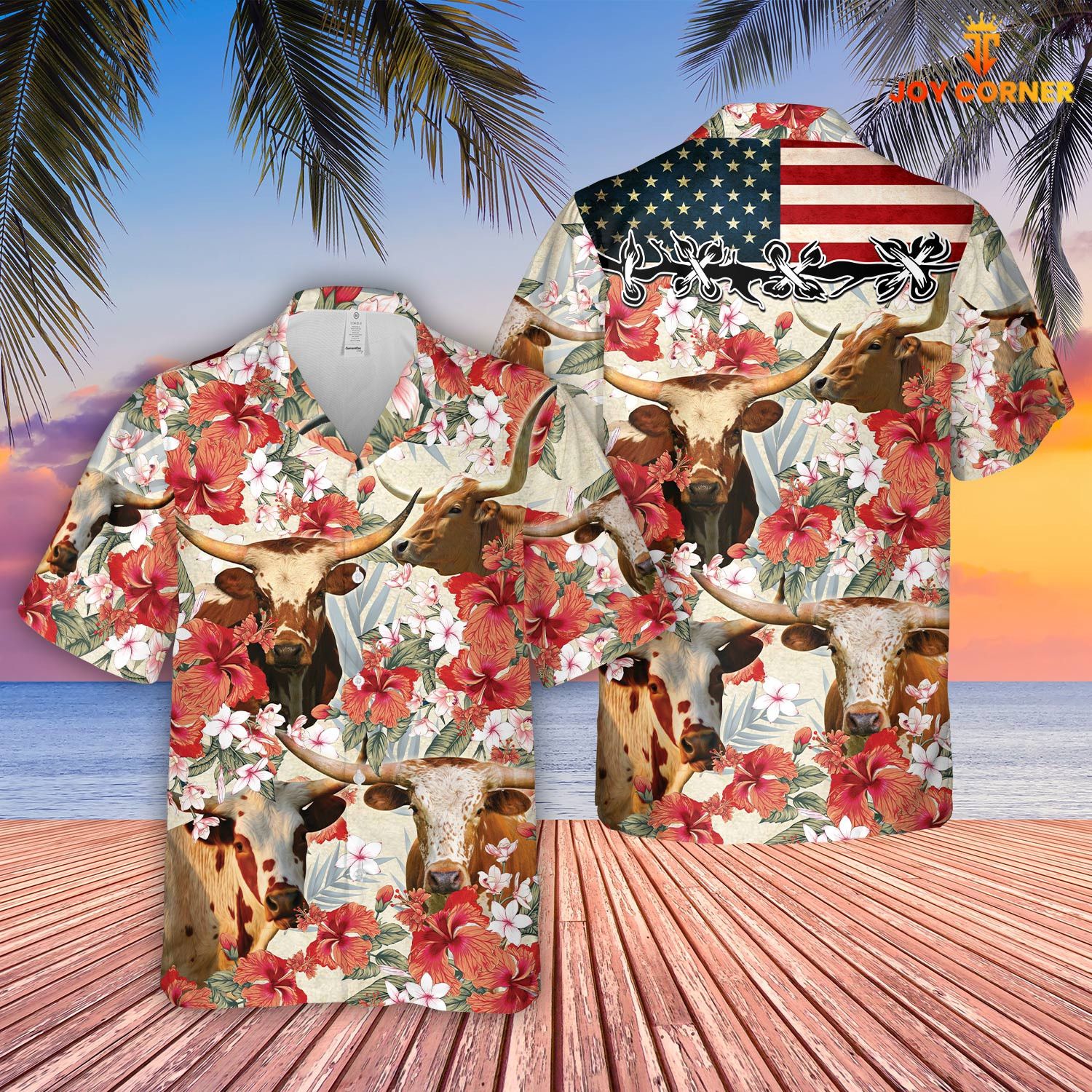 Texas Longhorn Us Flag Floral Hibiscus Hawaiian Shirt Elegant Design