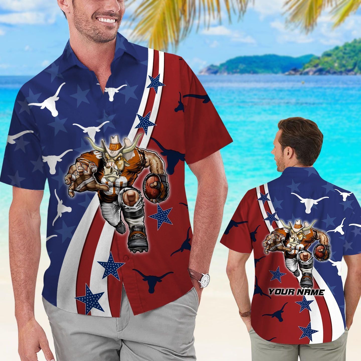 Texas Longhorns American Flag Name Personalized Tropical Hawaiian Shirt