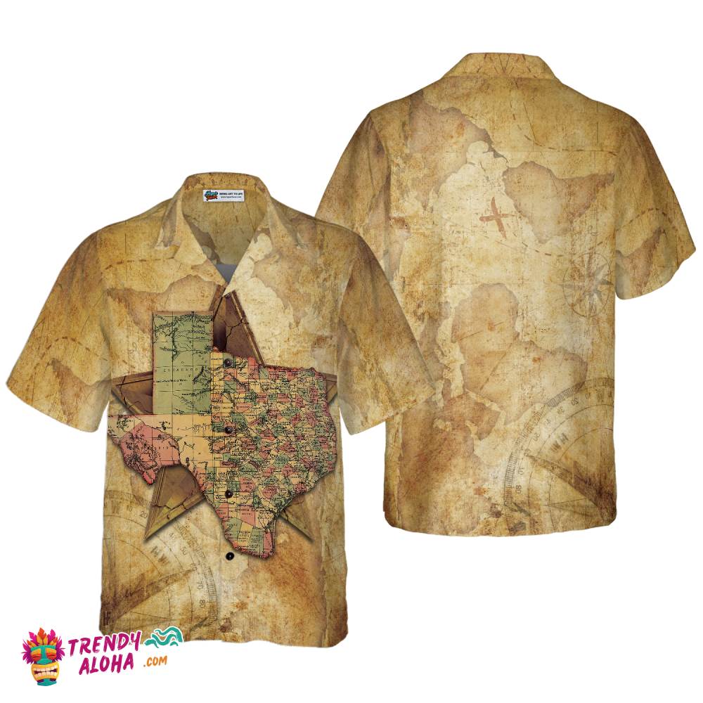 Texas State Map And Compass Pattern Hawaiian Shirt, Insignia State Of Texas Shirt, Texas Shirt For Men