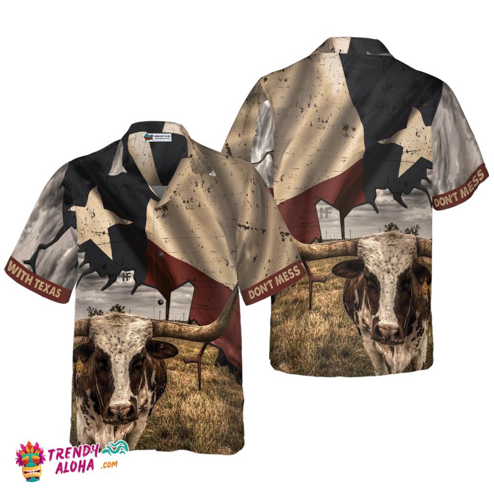 Texas State Map Pattern Flag Texas Hawaiian Shirt, Don’t Mess With Texas Longhorns Shirt, Texas Shirt For Men