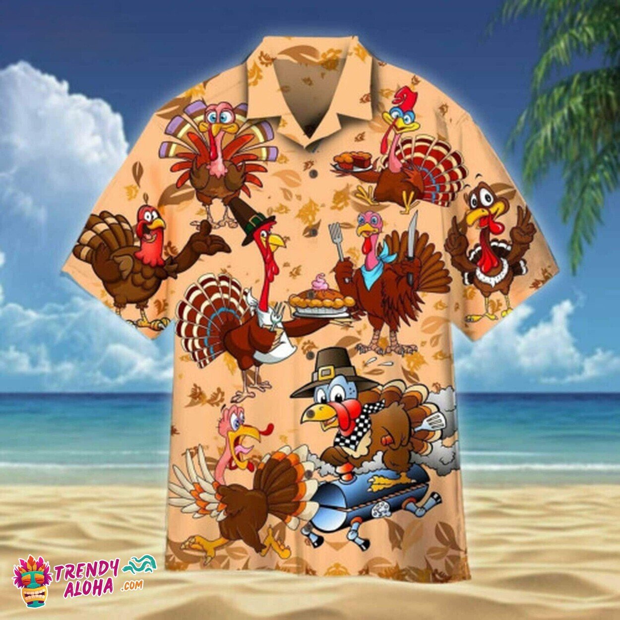 Thanksgiving Aloha Beach Shorts Hawaiian with Funny Turkeys Print