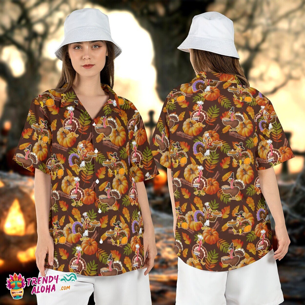 Thanksgiving Chef Turkey Pumpkin Leaves Fall Hawaiian Aloha Shirt
