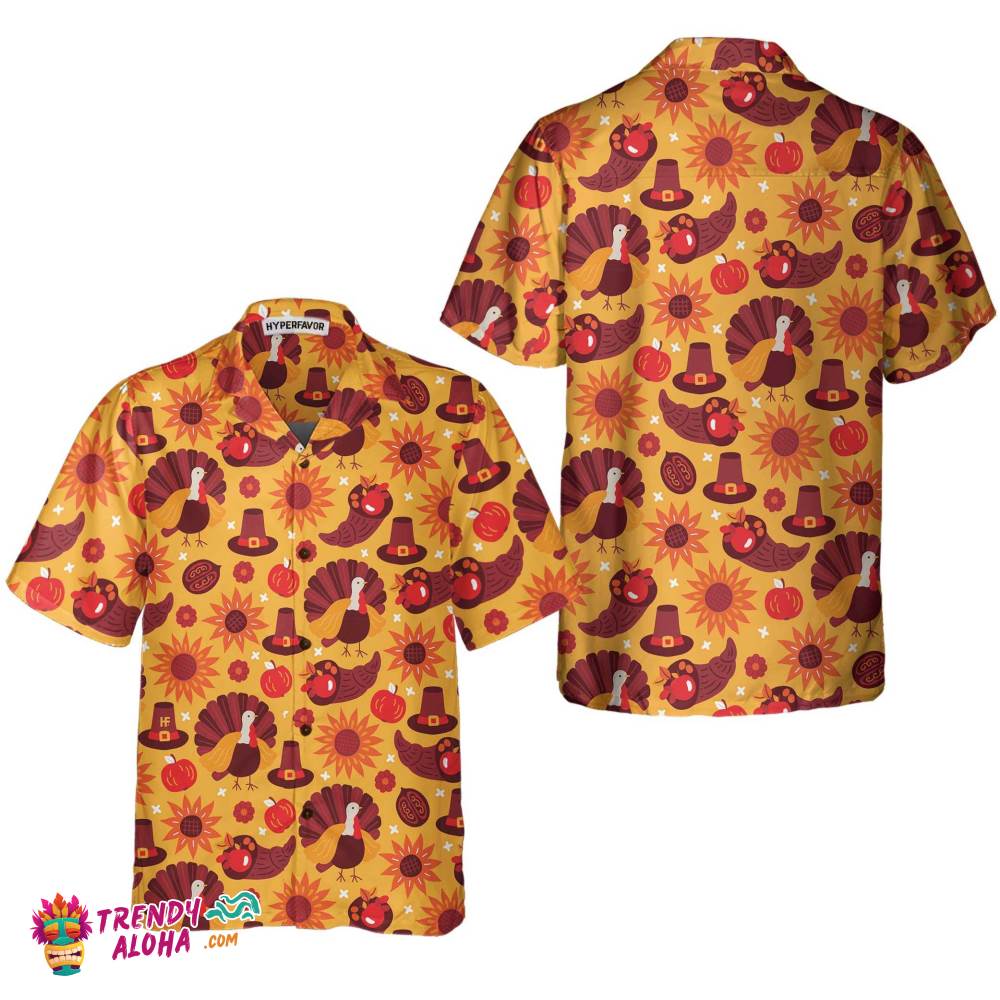 Thanksgiving Day Pattern Turkey Pumpkin Hat Hawaiian Shirt, Thanksgiving Gobble Shirt, Gift For Thanksgiving Day