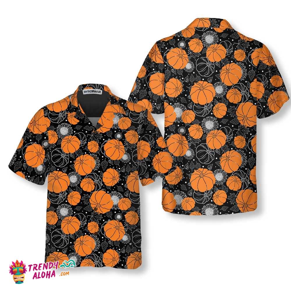 Thanksgiving Pumpkins And Sunflowers Seamless Pattern Hawaiian Shirt, Fall Pumpkin Shirt, Best Gift For Thanksgiving Day